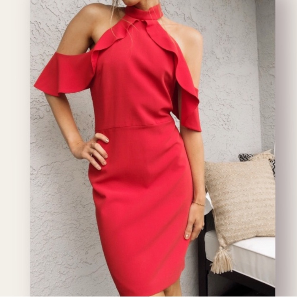 Alice + Olivia Ebony Red Mock Neck Ruffle Trim Cold Shoulder Mini Dress
